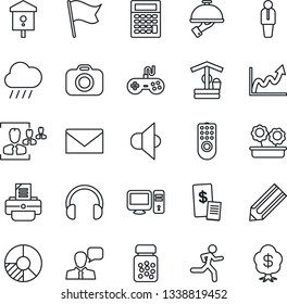 Thin Line Icon Set - manager vector, mail, pencil, circle chart, printer, rain, well, bird house, pills bottle, run, camera, speaker, gamepad, headphones, hr, flower in pot, waiter, remote control