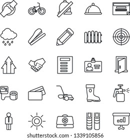 Thin Line Icon Set - manager vector, identity card, document, pencil, fence, boot, lawn mower, sun, rain, garden sprayer, doctor case, blood pressure, bike, joint, mute, target, book, stapler, dish