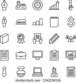 Thin Line Icon Set - manager vector, growth statistic, dollar sign, team, medal, notepad, tie, document, pencil, stamp, office phone, clipboard, monitor, case, statistics, bar graph, ink pen