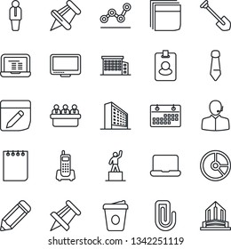 Thin Line Icon Set - manager vector, office building, pedestal, notebook pc, notepad, tie, coffee, meeting, drawing pin, job, pencil, circle chart, phone, monitor, paper, notes, calendar, clip