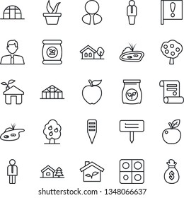 Thin Line Icon Set - manager vector, contract, seedling, plant label, greenhouse, fertilizer, important flag, application, house with tree, pond, fruit, estate agent, apple, eco, money bag