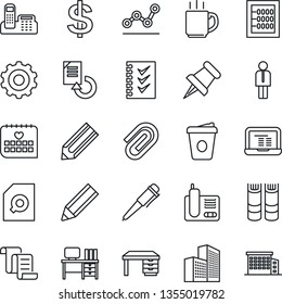 Thin Line Icon Set - manager vector, gear, contract, dollar sign, book, desk, pen, notebook pc, coffee, document reload, pencil, medical calendar, radio phone, paper pin, clip, office building
