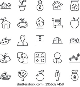Thin Line Icon Set - manager vector, contract, seedling, greenhouse, pond, fertilizer, important flag, application, point graph, house with tree, fruit, estate agent, apple, eco, money bag