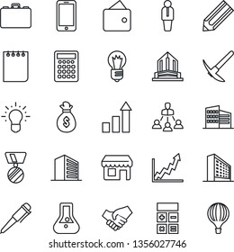 Thin Line Icon Set - manager vector, mobile phone, office building, growth statistic, case, calculator, medal, pen, notepad, bulb, pencil, hierarchy, handshake, wallet, money bag, graph, idea, flask