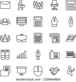 Thin Line Icon Set - manager vector, book, team, mouse, presentation board, monitor pulse, office phone, calculator, bar graph, document folder, ink pen, meeting, paper tray, handshake, mail, group