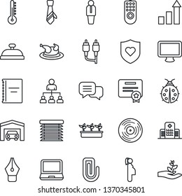 Thin Line Icon Set - manager vector, growth statistic, hierarchy, lady bug, seedling, heart shield, hospital, pregnancy, vinyl, dialog, monitor, laptop pc, rca, copybook, paper clip, ink pen, tie