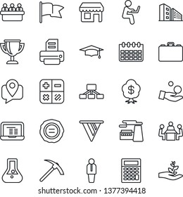 Thin Line Icon Set - manager vector, case, calculator, graduate, notebook pc, meeting, calendar, factory, stamp, printer, mobile tracking, office building, pennon, investment, flask, flag, hierarchy