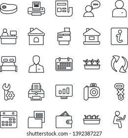 Thin Line Icon Set - manager place vector, statistic monitor, house, seedling, term, folder document, no hook, camera, speaker, update, user, calendar, root setup, news, printer, copier, bedroom