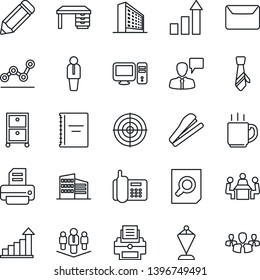 Thin Line Icon Set - manager vector, speaking man, office building, growth statistic, pennant, document search, desk, pencil, printer, phone, coffee, copybook, point graph, target, meeting, tie, pc