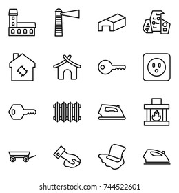 thin line icon set : mansion, lighthouse, warehouse, modern architecture, smart house, bungalow, key, power socket, radiator, iron, fireplace, trailer, wiping, floor washing