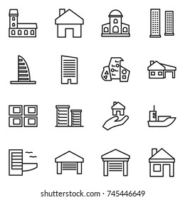thin line icon set : mansion, home, skyscrapers, skyscraper, modern architecture, house with garage, panel, district, real estate, sea shipping, hotel
