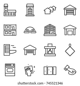 thin line icon set : mansion, building, houses, garage, modular house, dome, office, warehouse, hotel, fireplace, rag, oven, wiping, clean window