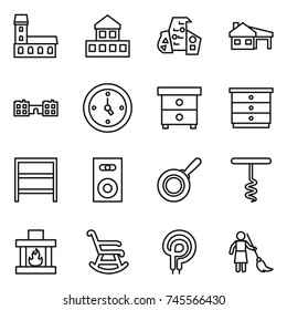 thin line icon set : mansion, cottage, modern architecture, house with garage, school, watch, nightstand, chest of drawers, rack, speaker, pan, corkscrew, fireplace, rocking chair, elecric oven