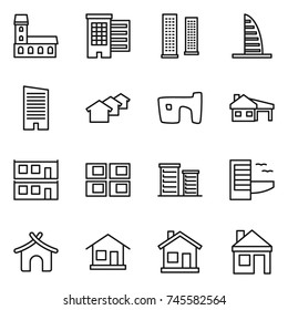 thin line icon set : mansion, houses, skyscrapers, skyscraper, slum, house with garage, modular, panel, district, hotel, bungalow, home