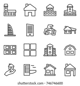 thin line icon set : mansion, home, cottage, skyscraper, modern architecture, house with garage, panel, window, building, real estate, hotel