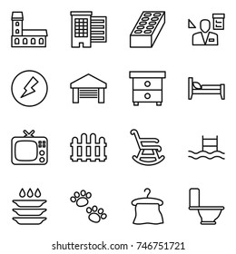 thin line icon set : mansion, houses, brick, architector, electricity, garage, nightstand, bed, tv, fence, rocking chair, pool, plate washing, pets, hanger, toilet