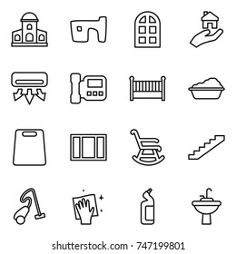 thin line icon set : mansion, slum, arch window, real estate, air conditioning, intercome, crib, washing, cutting board, rocking chair, stairs, vacuum cleaner, wiping, toilet cleanser