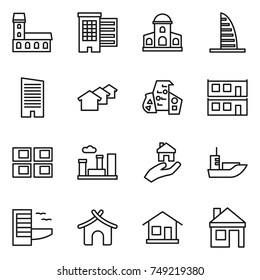 thin line icon set : mansion, houses, skyscraper, modern architecture, modular house, panel, city, real estate, sea shipping, hotel, bungalow, home