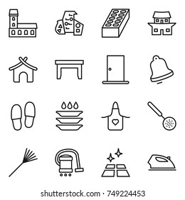 thin line icon set : mansion, modern architecture, brick, japanese house, bungalow, table, door, bell, slippers, plate washing, apron, skimmer, rake, vacuum cleaner, clean floor, iron