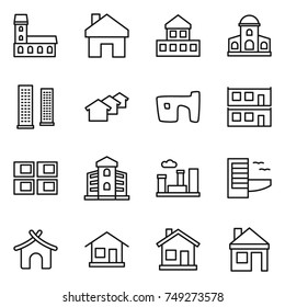 thin line icon set : mansion, home, cottage, skyscrapers, houses, slum, modular house, panel, building, city, hotel, bungalow