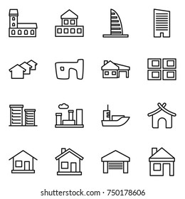 thin line icon set : mansion, cottage, skyscraper, houses, slum, house with garage, panel, district, city, sea shipping, bungalow, home