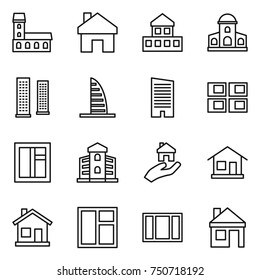 thin line icon set : mansion, home, cottage, skyscrapers, skyscraper, panel house, window, building, real estate