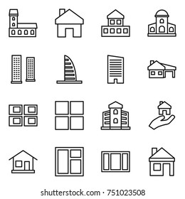 thin line icon set : mansion, home, cottage, skyscrapers, skyscraper, house with garage, panel, window, building, real estate