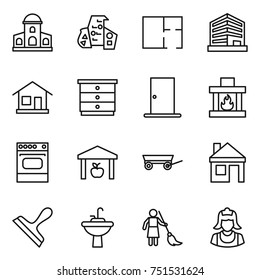 thin line icon set : mansion, modern architecture, plan, office, home, chest of drawers, door, fireplace, oven, warehouse, trailer, house, scraper, water tap sink, brooming, cleaner