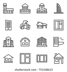 thin line icon set : mansion, cottage, skyscraper, modern architecture, house with garage, window, building, office, hotel, home