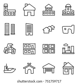 thin line icon set : mansion, home, cottage, skyscrapers, skyscraper, houses, slum, modern architecture, modular house, panel, city, sea shipping, bungalow, garage