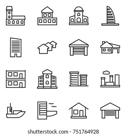 thin line icon set : mansion, cottage, skyscraper, houses, garage, house with, modular, building, district, city, sea shipping, hotel, home