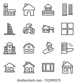 thin line icon set : mansion, home, cottage, skyscrapers, skyscraper, modern architecture, house with garage, window, building, real estate, hotel