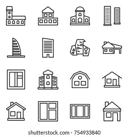 thin line icon set : mansion, cottage, skyscrapers, skyscraper, modern architecture, house with garage, window, building, home