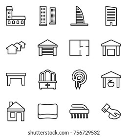thin line icon set : mansion, skyscrapers, skyscraper, houses, garage, plan, warehouse, table, dresser, elecric oven, house, sponge, brush, wiping