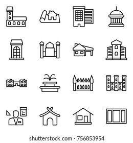 Thin line icon set : mansion, project, houses, goverment house, building, minaret, with garage, school, fountain, gothic architecture, palace, architector, bungalow, home, window