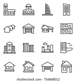 Thin line icon set : mansion, skyscraper, houses, garage, house with, modular, building, district, city, hotel, home