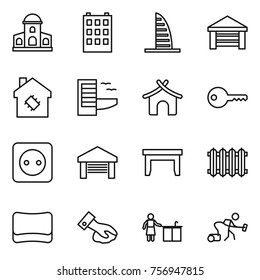 Thin line icon set : mansion, building, skyscraper, garage, smart house, hotel, bungalow, key, power socket, table, radiator, sponge, wiping, kitchen cleaning, vacuum cleaner