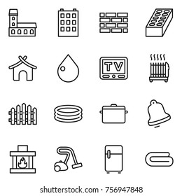 Thin line icon set : mansion, building, brick wall, bungalow, drop, tv, radiator, fence, inflatable pool, pan, bell, fireplace, vacuum cleaner, fridge, towel