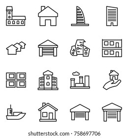 Thin line icon set : mansion, home, skyscraper, houses, garage, modern architecture, modular house, panel, building, city, real estate, sea shipping