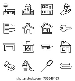 Thin line icon set : mansion, modular house, real estate, hotel, bungalow, home, key, table, fireplace, trailer, wiping, brooming, duster, towel