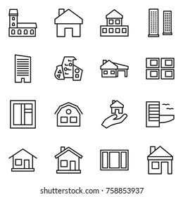Thin line icon set : mansion, home, cottage, skyscrapers, skyscraper, modern architecture, house with garage, panel, window, real estate, hotel