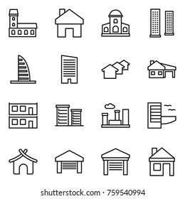 Thin line icon set : mansion, home, skyscrapers, skyscraper, houses, house with garage, modular, district, city, hotel, bungalow