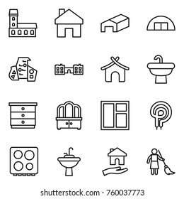 Thin line icon set : mansion, home, warehouse, hangare, modern architecture, school, bungalow, sink, chest of drawers, dresser, window, elecric oven, hob, water tap, housing, brooming