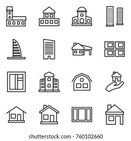 Thin line icon set : mansion, cottage, skyscrapers, skyscraper, house with garage, panel, window, building, real estate, home