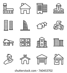 Thin line icon set : mansion, home, houses, skyscrapers, skyscraper, modern architecture, house with garage, panel, building, district, real estate, bungalow