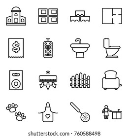 Thin line icon set : mansion, panel house, block wall, plan, tax, remote control, sink, toilet, speaker, air conditioning, fence, toaster, pets, apron, skimmer, kitchen cleaning