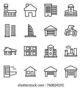 Thin line icon set : mansion, home, houses, skyscrapers, skyscraper, garage, modern architecture, house with, panel, building, city, hotel