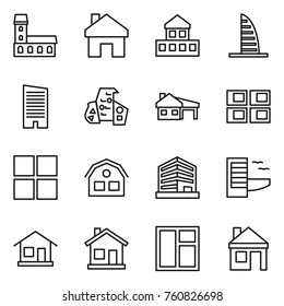 Thin line icon set : mansion, home, cottage, skyscraper, modern architecture, house with garage, panel, window, office, hotel