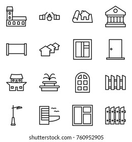 Thin line icon set : mansion, drawbridge, project, library, fence, houses, window, door, japanese house, fountain, arch, outdoor light, hotel