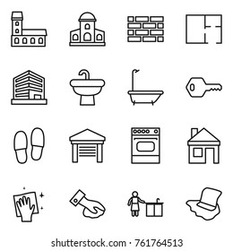 Thin line icon set : mansion, brick wall, plan, office, sink, bath, key, slippers, garage, oven, house, wiping, kitchen cleaning, floor washing